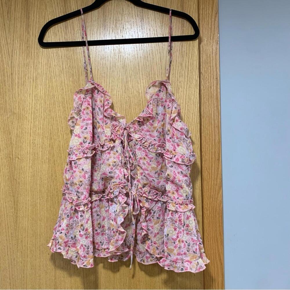 Lush Pink Ditsy Flower Top with Ties in the Front - Size XL